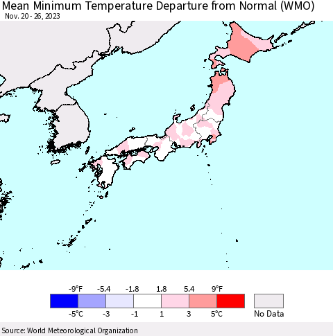 Japan Mean Minimum Temperature Departure from Normal (WMO) Thematic Map For 11/20/2023 - 11/26/2023