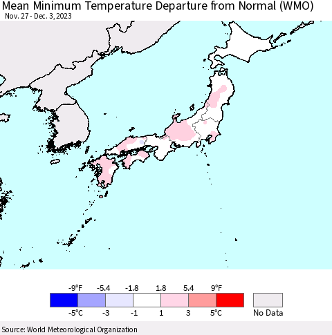 Japan Mean Minimum Temperature Departure from Normal (WMO) Thematic Map For 11/27/2023 - 12/3/2023