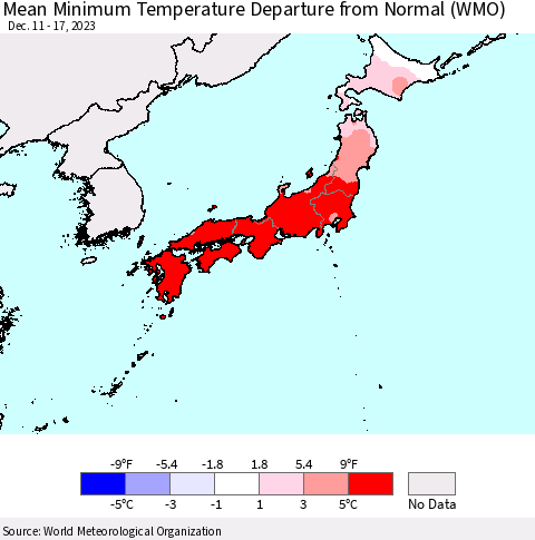 Japan Mean Minimum Temperature Departure from Normal (WMO) Thematic Map For 12/11/2023 - 12/17/2023