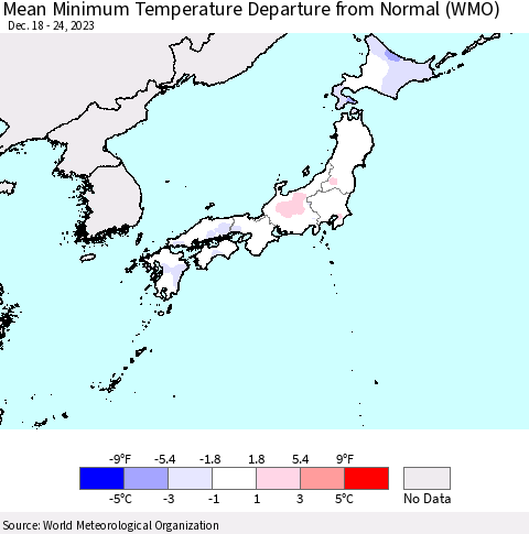 Japan Mean Minimum Temperature Departure from Normal (WMO) Thematic Map For 12/18/2023 - 12/24/2023
