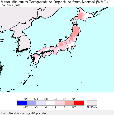 Japan Mean Minimum Temperature Departure from Normal (WMO) Thematic Map For 12/25/2023 - 12/31/2023