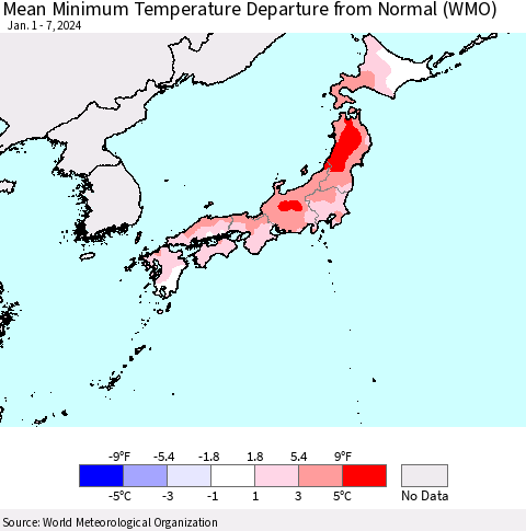 Japan Mean Minimum Temperature Departure from Normal (WMO) Thematic Map For 1/1/2024 - 1/7/2024