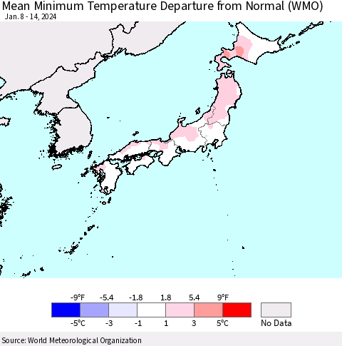 Japan Mean Minimum Temperature Departure from Normal (WMO) Thematic Map For 1/8/2024 - 1/14/2024