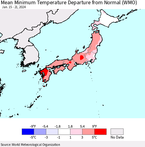 Japan Mean Minimum Temperature Departure from Normal (WMO) Thematic Map For 1/15/2024 - 1/21/2024