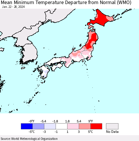 Japan Mean Minimum Temperature Departure from Normal (WMO) Thematic Map For 1/22/2024 - 1/28/2024