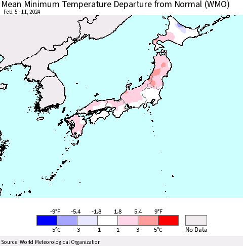 Japan Mean Minimum Temperature Departure from Normal (WMO) Thematic Map For 2/5/2024 - 2/11/2024