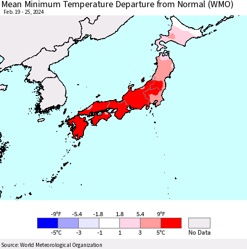 Japan Mean Minimum Temperature Departure from Normal (WMO) Thematic Map For 2/19/2024 - 2/25/2024