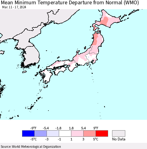 Japan Mean Minimum Temperature Departure from Normal (WMO) Thematic Map For 3/11/2024 - 3/17/2024