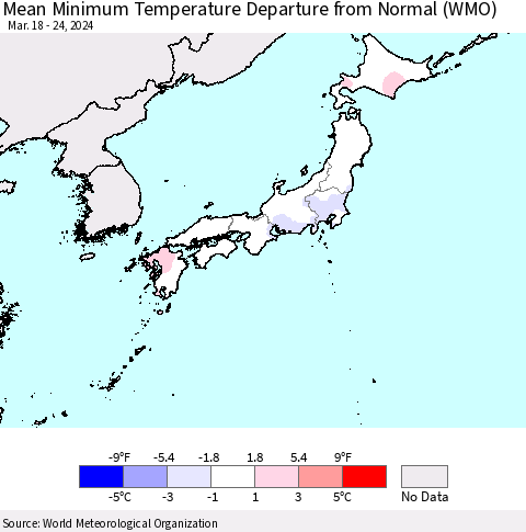 Japan Mean Minimum Temperature Departure from Normal (WMO) Thematic Map For 3/18/2024 - 3/24/2024