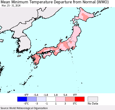 Japan Mean Minimum Temperature Departure from Normal (WMO) Thematic Map For 3/25/2024 - 3/31/2024