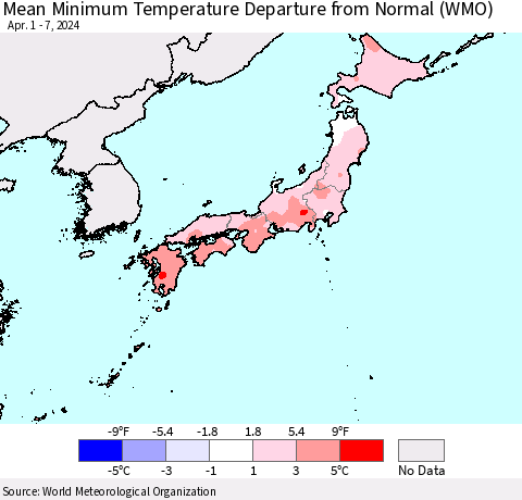 Japan Mean Minimum Temperature Departure from Normal (WMO) Thematic Map For 4/1/2024 - 4/7/2024