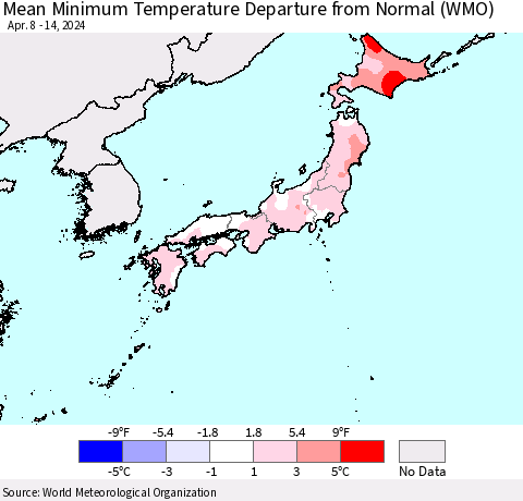 Japan Mean Minimum Temperature Departure from Normal (WMO) Thematic Map For 4/8/2024 - 4/14/2024