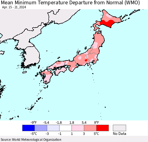 Japan Mean Minimum Temperature Departure from Normal (WMO) Thematic Map For 4/15/2024 - 4/21/2024