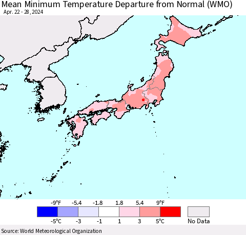 Japan Mean Minimum Temperature Departure from Normal (WMO) Thematic Map For 4/22/2024 - 4/28/2024