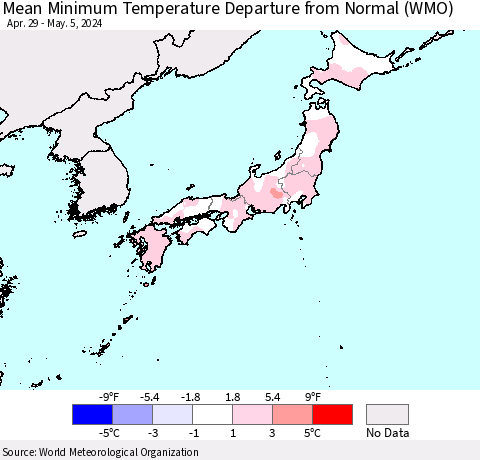 Japan Mean Minimum Temperature Departure from Normal (WMO) Thematic Map For 4/29/2024 - 5/5/2024