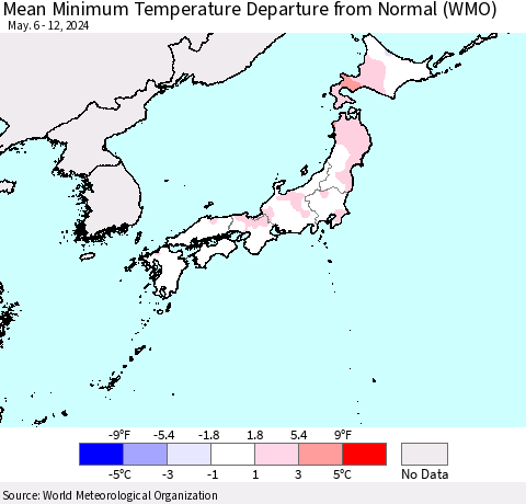 Japan Mean Minimum Temperature Departure from Normal (WMO) Thematic Map For 5/6/2024 - 5/12/2024