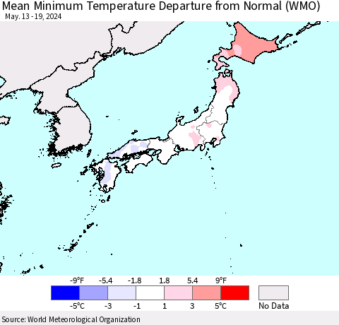 Japan Mean Minimum Temperature Departure from Normal (WMO) Thematic Map For 5/13/2024 - 5/19/2024