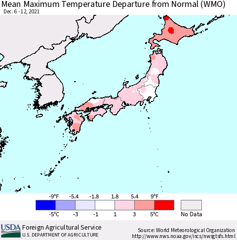 Japan Mean Maximum Temperature Departure from Normal (WMO) Thematic Map For 12/6/2021 - 12/12/2021