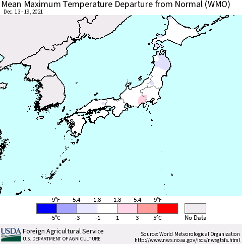 Japan Mean Maximum Temperature Departure from Normal (WMO) Thematic Map For 12/13/2021 - 12/19/2021