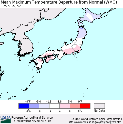 Japan Mean Maximum Temperature Departure from Normal (WMO) Thematic Map For 12/20/2021 - 12/26/2021