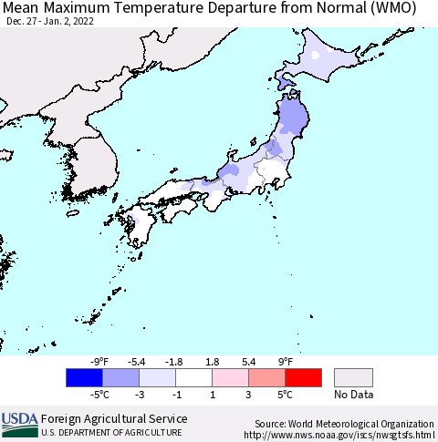 Japan Mean Maximum Temperature Departure from Normal (WMO) Thematic Map For 12/27/2021 - 1/2/2022
