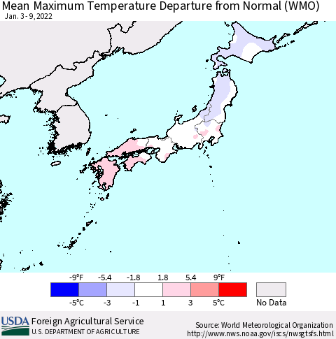 Japan Mean Maximum Temperature Departure from Normal (WMO) Thematic Map For 1/3/2022 - 1/9/2022