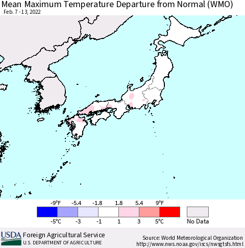Japan Mean Maximum Temperature Departure from Normal (WMO) Thematic Map For 2/7/2022 - 2/13/2022