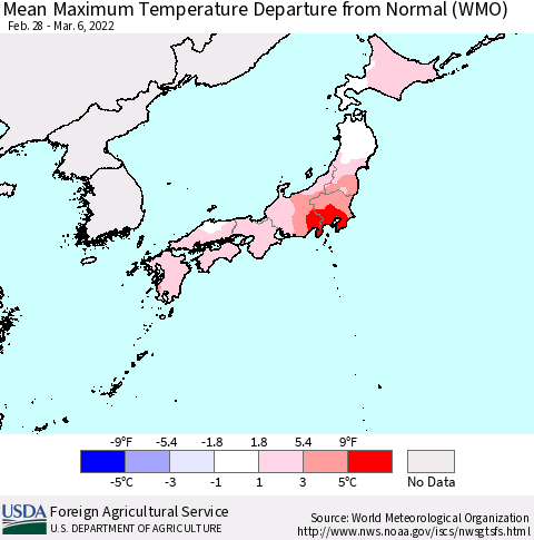 Japan Mean Maximum Temperature Departure from Normal (WMO) Thematic Map For 2/28/2022 - 3/6/2022