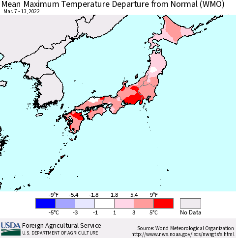 Japan Mean Maximum Temperature Departure from Normal (WMO) Thematic Map For 3/7/2022 - 3/13/2022