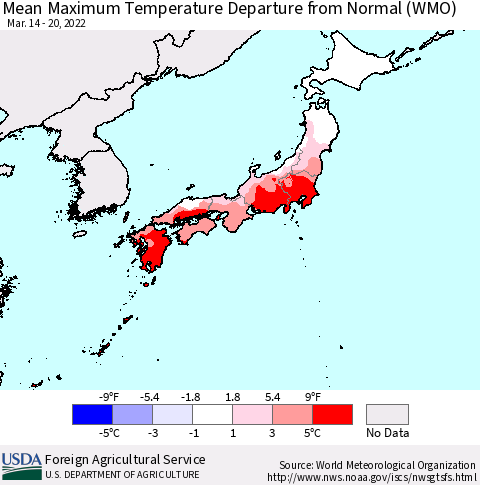 Japan Mean Maximum Temperature Departure from Normal (WMO) Thematic Map For 3/14/2022 - 3/20/2022
