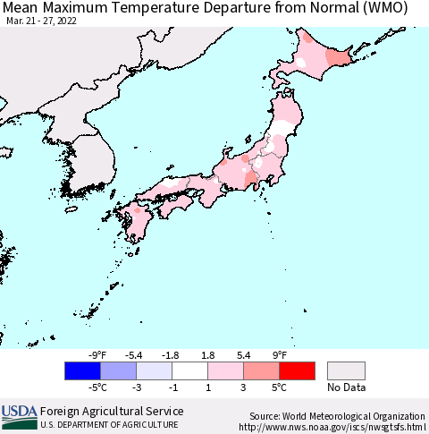 Japan Mean Maximum Temperature Departure from Normal (WMO) Thematic Map For 3/21/2022 - 3/27/2022
