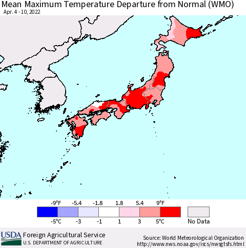 Japan Mean Maximum Temperature Departure from Normal (WMO) Thematic Map For 4/4/2022 - 4/10/2022