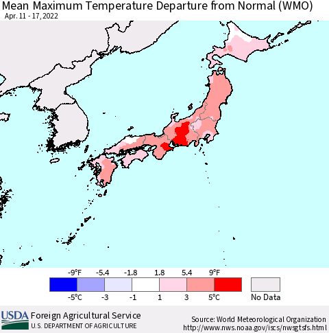 Japan Mean Maximum Temperature Departure from Normal (WMO) Thematic Map For 4/11/2022 - 4/17/2022