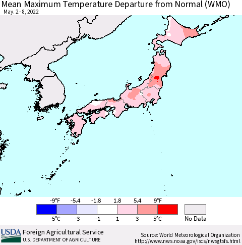 Japan Mean Maximum Temperature Departure from Normal (WMO) Thematic Map For 5/2/2022 - 5/8/2022