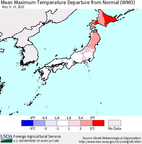 Japan Mean Maximum Temperature Departure from Normal (WMO) Thematic Map For 5/9/2022 - 5/15/2022