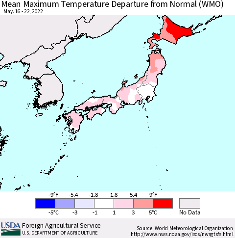 Japan Mean Maximum Temperature Departure from Normal (WMO) Thematic Map For 5/16/2022 - 5/22/2022