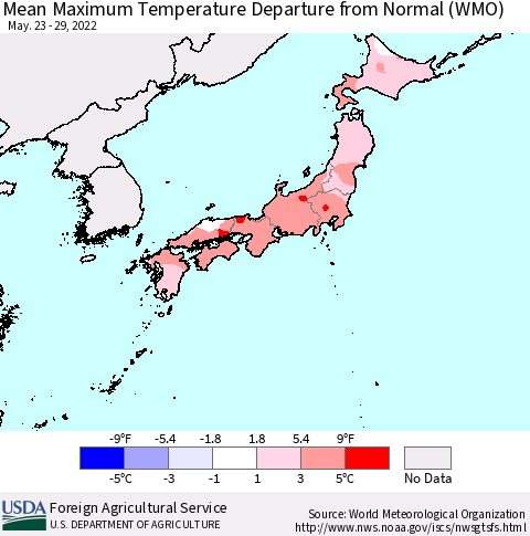 Japan Mean Maximum Temperature Departure from Normal (WMO) Thematic Map For 5/23/2022 - 5/29/2022