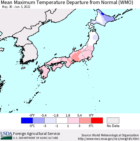 Japan Mean Maximum Temperature Departure from Normal (WMO) Thematic Map For 5/30/2022 - 6/5/2022