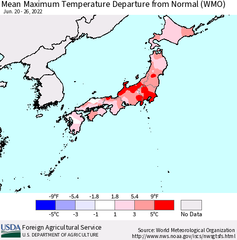 Japan Mean Maximum Temperature Departure from Normal (WMO) Thematic Map For 6/20/2022 - 6/26/2022