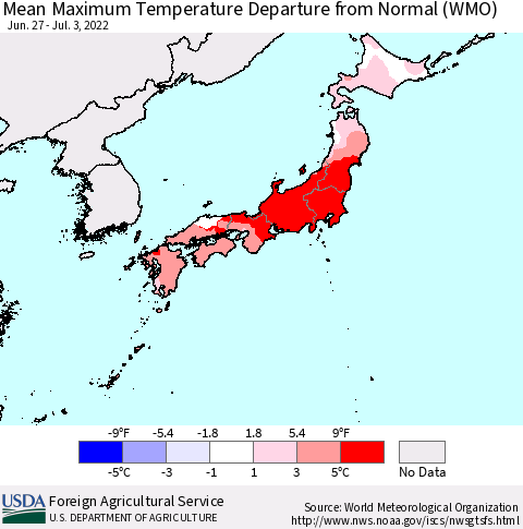 Japan Mean Maximum Temperature Departure from Normal (WMO) Thematic Map For 6/27/2022 - 7/3/2022