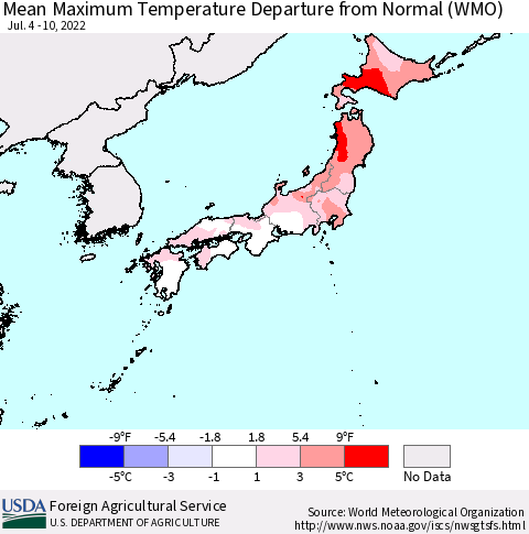 Japan Mean Maximum Temperature Departure from Normal (WMO) Thematic Map For 7/4/2022 - 7/10/2022