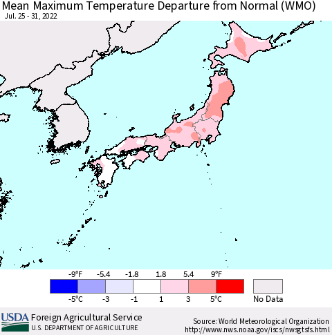 Japan Mean Maximum Temperature Departure from Normal (WMO) Thematic Map For 7/25/2022 - 7/31/2022
