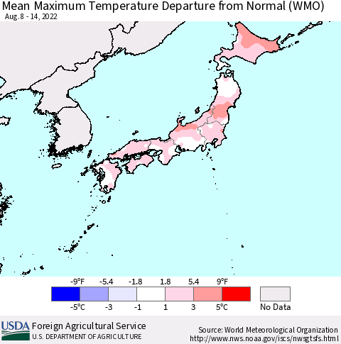 Japan Mean Maximum Temperature Departure from Normal (WMO) Thematic Map For 8/8/2022 - 8/14/2022