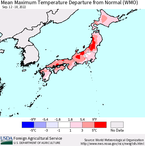 Japan Mean Maximum Temperature Departure from Normal (WMO) Thematic Map For 9/12/2022 - 9/18/2022