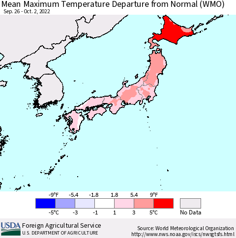 Japan Mean Maximum Temperature Departure from Normal (WMO) Thematic Map For 9/26/2022 - 10/2/2022