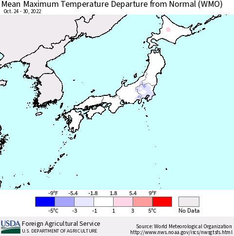 Japan Mean Maximum Temperature Departure from Normal (WMO) Thematic Map For 10/24/2022 - 10/30/2022