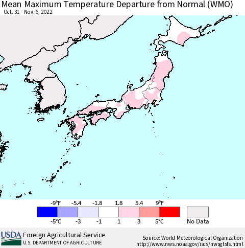 Japan Mean Maximum Temperature Departure from Normal (WMO) Thematic Map For 10/31/2022 - 11/6/2022