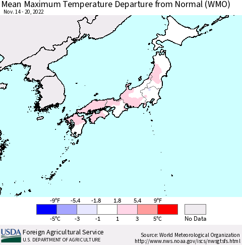 Japan Mean Maximum Temperature Departure from Normal (WMO) Thematic Map For 11/14/2022 - 11/20/2022
