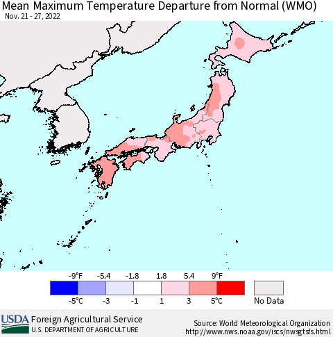 Japan Mean Maximum Temperature Departure from Normal (WMO) Thematic Map For 11/21/2022 - 11/27/2022