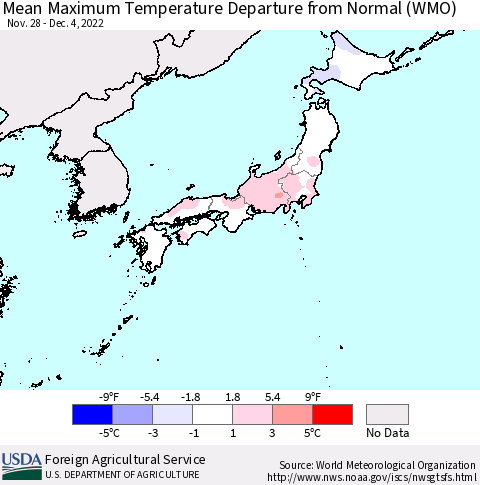 Japan Mean Maximum Temperature Departure from Normal (WMO) Thematic Map For 11/28/2022 - 12/4/2022